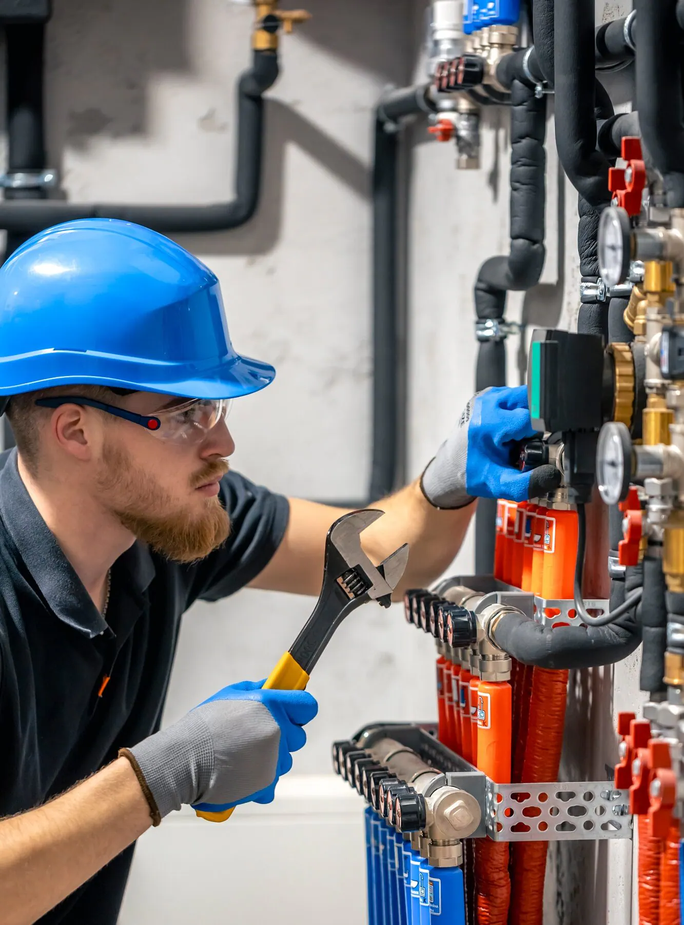 Heating technician checking boiler-room equipment