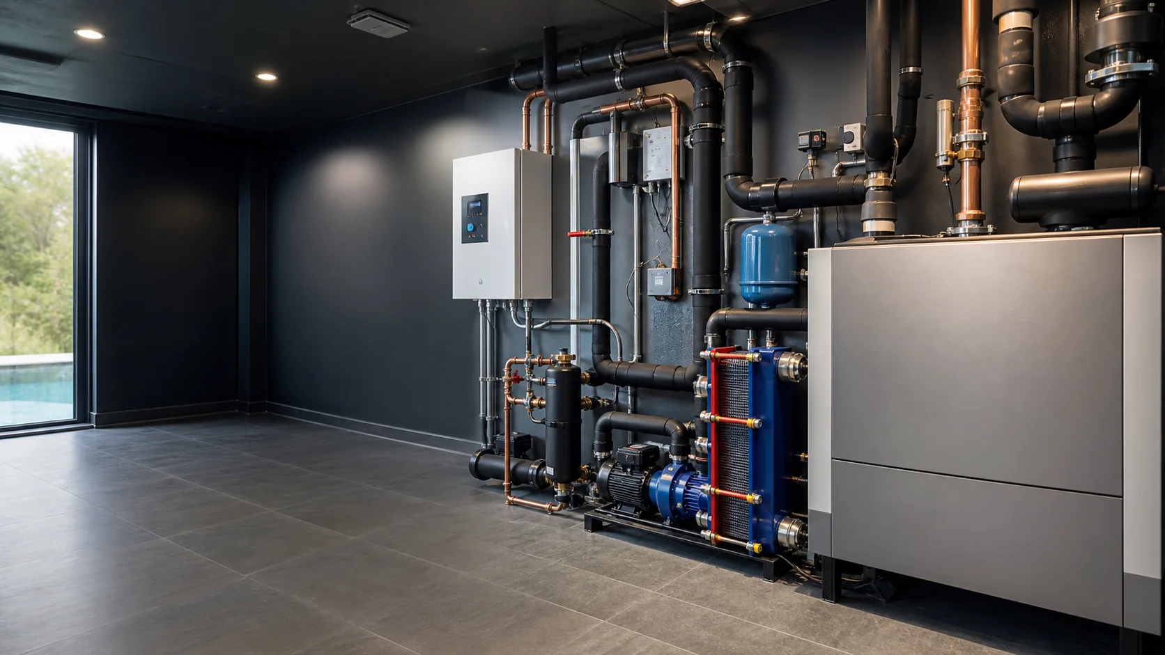 Illustrative modern swimming-pool boiler plant room with pumps, controls and heat exchanger